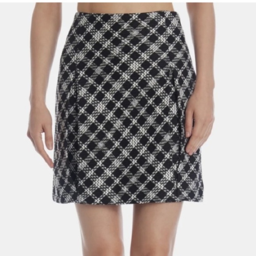 New Karl Lagerfeld Skirt 14 Black White Twill Business Check Pleated Lined Tweed